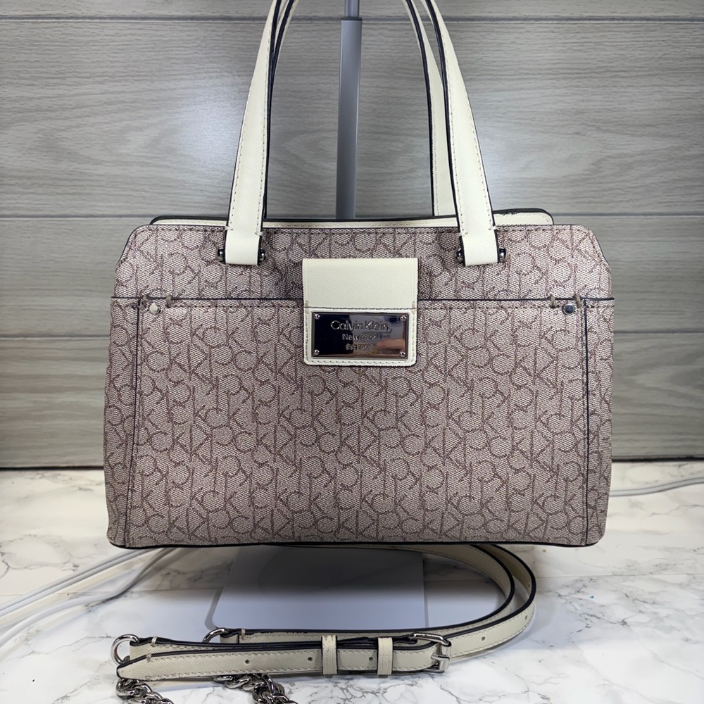 Calvin Klein Logo Satchel with Cream Handles